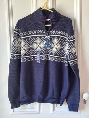 Men’s NWT Izod Peacoat Blue Fair Isle Quarter Zip Sweater Size XL